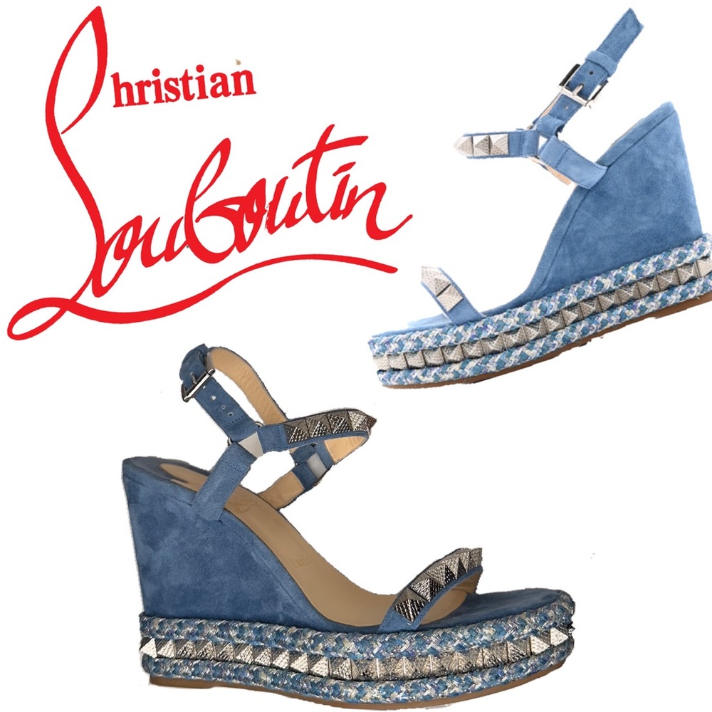 Christian Louboutin Blue Suede Studded Espadrille Wedge Sandals Size 9